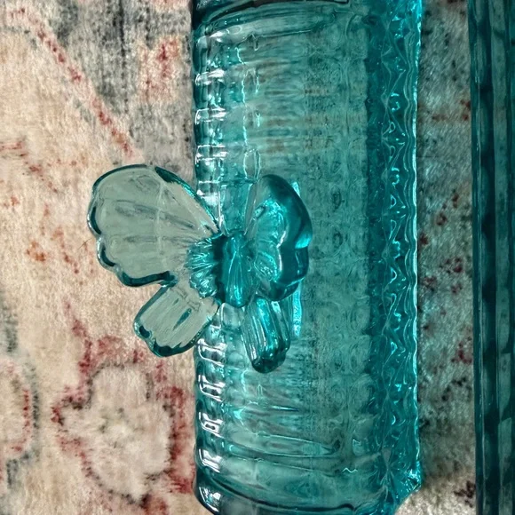 Vintage Teal Butterfly Glass Butter Dish - Picture 4 of 8